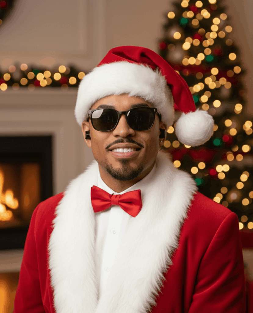 Gemini AI Generate Christmas Image of a men dressed like a santa with black sunglasses
