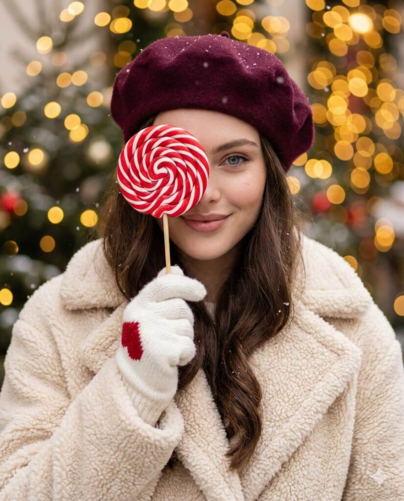 Gemini AI Generate Christmas Image of a young women with big candy