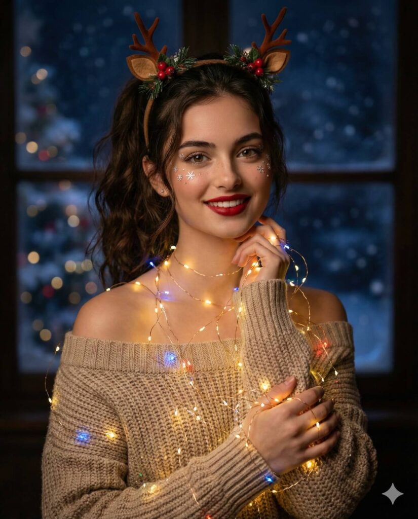 Gemini AI Generate Christmas Image of a beautiful girl with lights