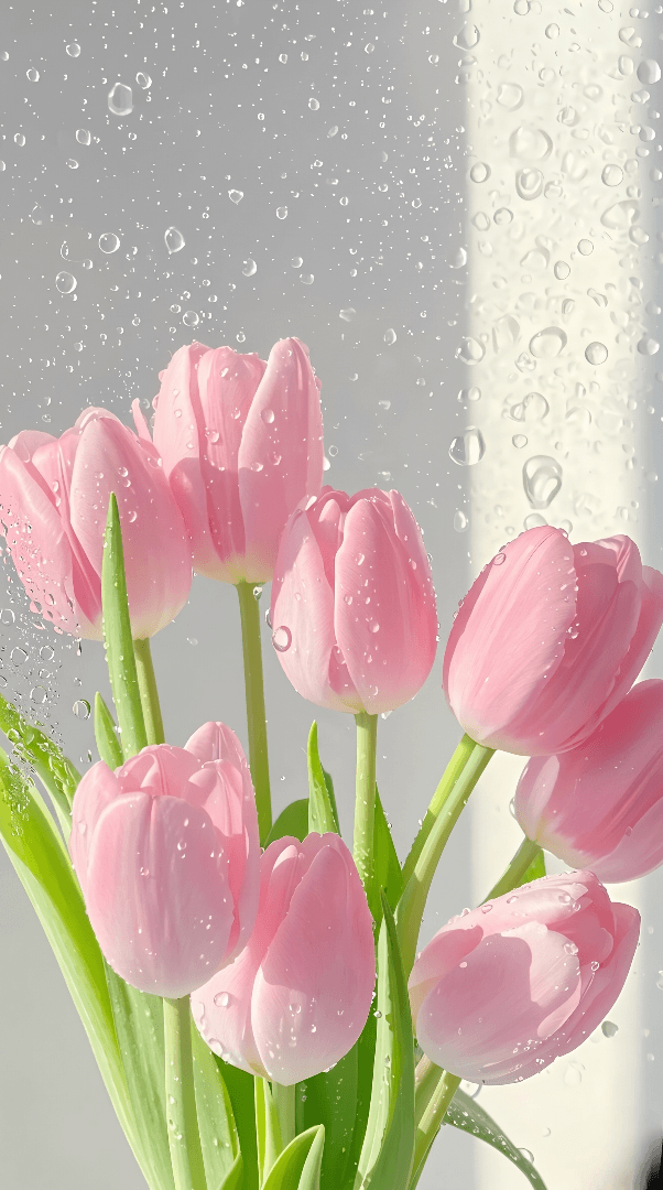 A beautiful bouquet of pale pink tulips, with fresh water droplets glistening on their petals and green stems.

हलके गुलाबी रंग के ख़ूबसूरत तुलिप फूलों का गुलदस्ता, जिनकी पंखुड़ियों और हरी डंडी पर पानी की ताज़ा बूँदें चमक रही हैंi