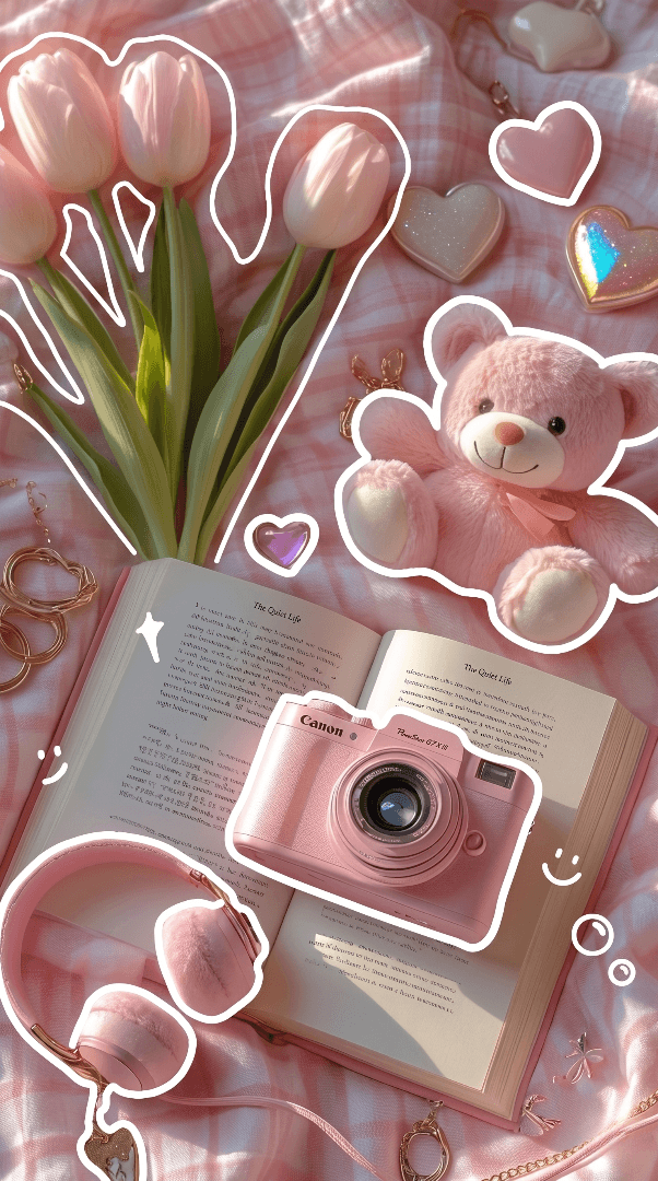 There is a lovely doll accompanied by an open book, a pink camera, pink headphones, a small teddy bear, and pale pink flowers.

एक प्यारी, गुड़िया है जिसमें एक खुली किताब, गुलाबी  कैमरा, गुलाबी हेडफ़ोन, एक छोटा टेडी बियर और हल्के गुलाबी फूल रखे हुए हैं।