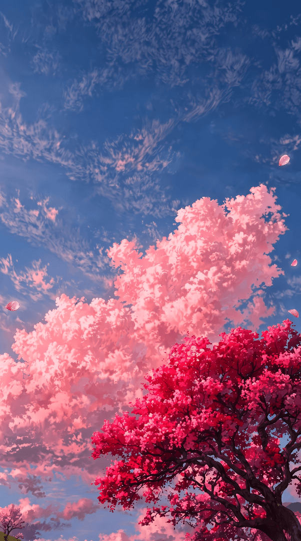 The sky is blue, and the leaves on the tree look pink and slightly reddish.

आसमान नीला है और पेड़ की पत्तियां गुलाबी और थोड़ी लाल-सी दिख रही हैं।