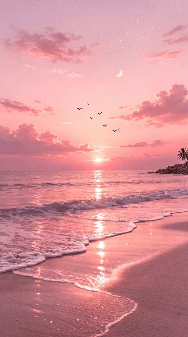 A tranquil seashore bathed in pink hues as the sun sets on the ocean horizon.

समुद्र के क्षितिज पर ढलते सूरज के साथ गुलाबी रंग में रंगा एक शांत  समुद्री किनारा।
